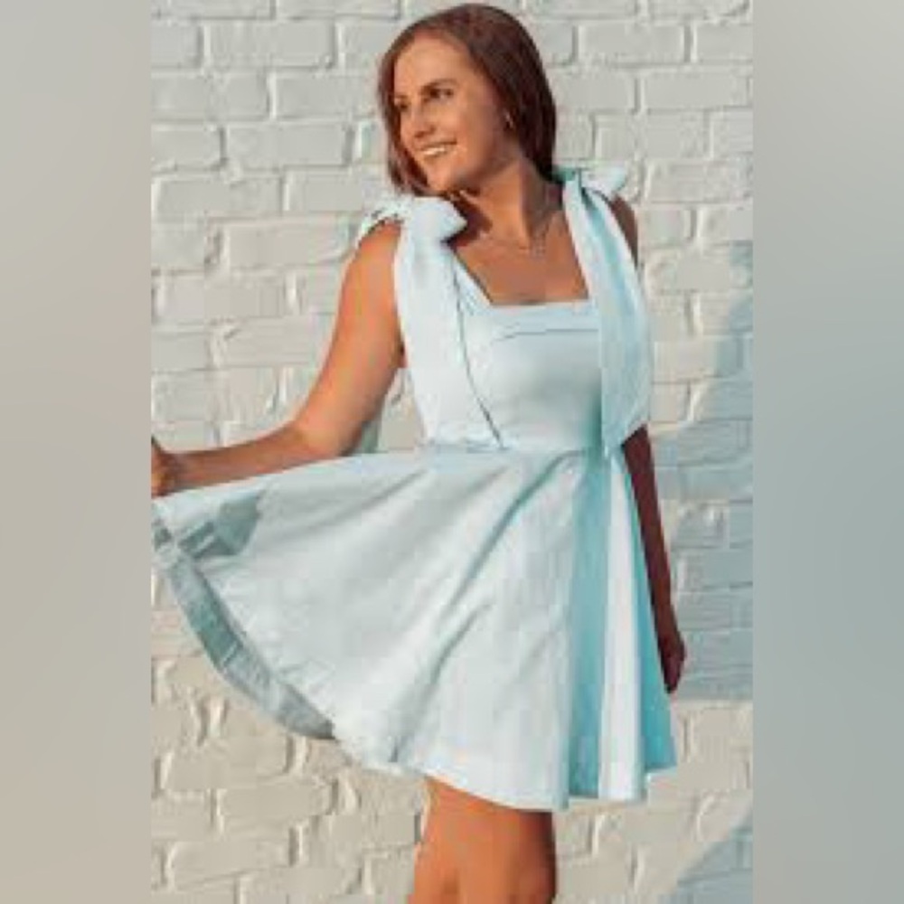 Light Blue Mini Dress with bow straps adjustable size small Mable Anthropologie